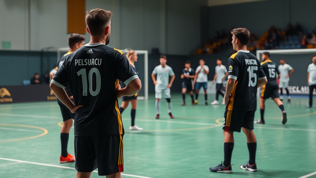 풋살 경기에서 지정된 교체 구역을 통해 선수가 들어오고 나가는 장면