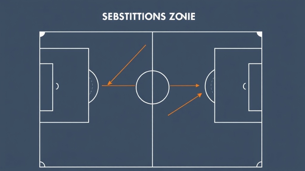 풋살 경기장의 교체 구역 위치와 선수가 나가고 들어오는 순서를 보여주는 도식